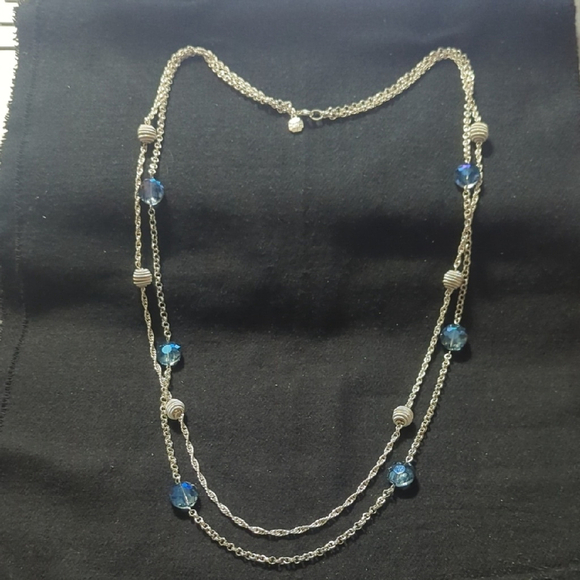 Monet Jewelry - Vintage Monet Silver Tone Beads Blue Crystal Layered Long Statement Necklace